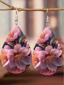 1Pair Bohemian Flower Wooden Small Water Drop Earrings, Watercolor Flower Pattern Earrings Pendant, Girls Jewelry Gift