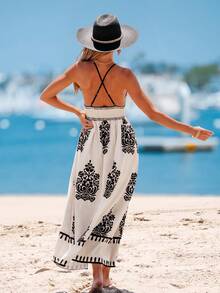 popvil Boho Printed Backless Cross Halter Maxi Dress For Summer Vacation - Beige - View 2