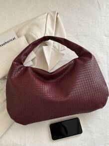 复古手拎大容量欧美风编织格纹托特包，时尚超大酒红色优雅手提包 - 酒紅色 - 查看 7