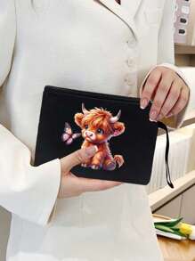 这款黑色亚麻手提袋饰有高地奶牛图案，包含一个黑色可爱卡通奶牛（大眼睛）和蝴蝶图案手提袋、一个小型零钱包/收纳袋、一个储物袋、高低奶牛图案、蝴蝶结，是母亲节礼物、个性化礼品袋的理想之选。黑色手提袋搭配黑色按扣，大小包组合，适合送给女性、母亲、教师、朋友、伴娘、学生以及返校季。