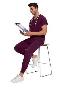 男士医疗工作服套装，牙医/护士制服，V领短袖上衣，医用运动裤，护理工作服，医生工作服 - 酒紅色 - 查看 8