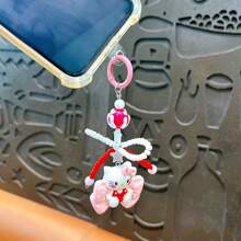 Sanrio 1PC New Cartoon Bow Cat Keychain Pendant Personalized Hand Drawn Bead Rice Bead Chain Accessories Earphone Cover Decoration