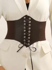 1 件女式复古圆形金属索环松紧腰带扣，时尚高端外套休闲配饰 - 咖啡棕 - 查看 1