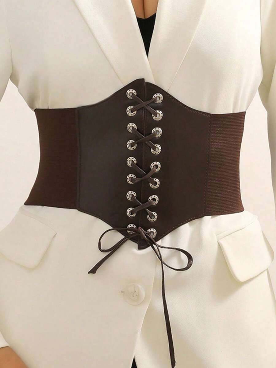 1 件女式复古圆形金属索环松紧腰带扣，时尚高端外套休闲配饰 - 咖啡棕 - 查看 1