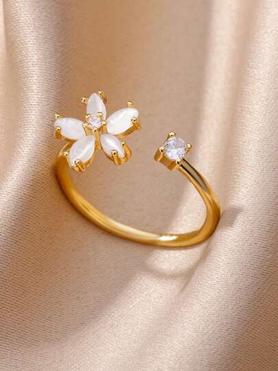 여성용 귀여운 화이트 오팔 꽃 스테인리스 스틸 링, 18K 골드 도금 변색 방지 조절 가능한 링, 황금 파티 휴가 장식품 주얼리 일상 착용 액세서리, 그녀/엄마/베스트 프렌드를 위한 선물