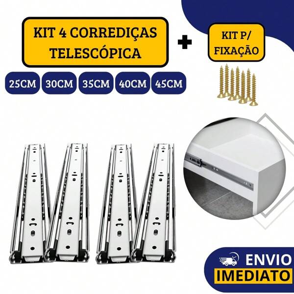 Kit 4 Corrediças Gaveta Trilho Telescópica Light COM Parafusos | 25cm - 30cm - 35cm - 40cm - 45cm