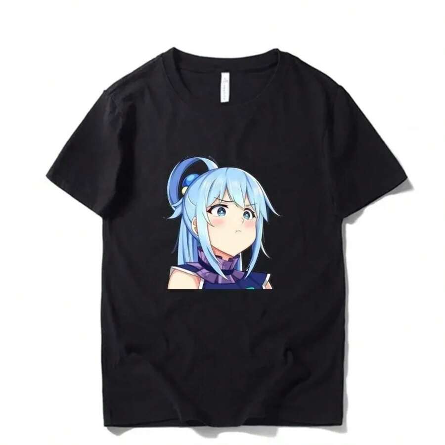 Anime Konosuba Aqua Print Women T-Shirt Cartoon Graphic Short Sve T Shirt Female Haruku Casual Streetwear Y2k Clothing Tops - Black - View 1