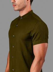 Men's Short Sleeve Viscose Dress Shirt Padre Collar - 軍綠色 - 查看 4