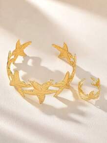 2pcs Metal Fashion Ocean Series Interlocking Starfish Bracelet & Adjustable Ring Set For Women, Suitable For Beach, Holiday, Daily Outfit