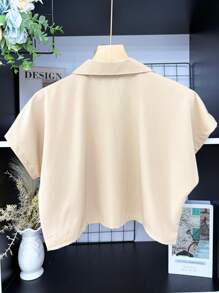 ELLIE Casual Striped Print Loose Cropped Shirt - 單色杏色 - 查看 4