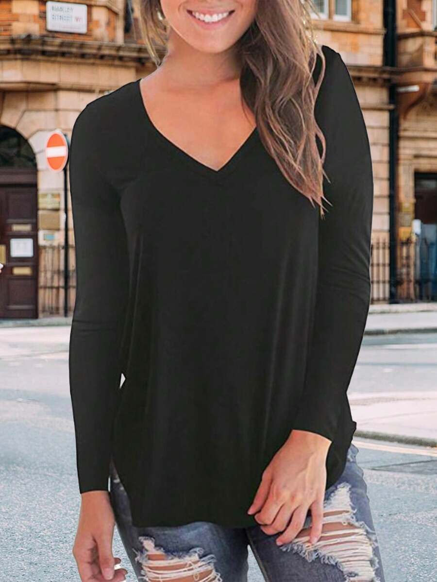 Women's Casual Solid Color Long-Sleeved T-Shirts, Simple V-Neck T-Shirts, Spring And Autumn Women's Tops, Suitable For Street Photography, Dating And Daily Wear.