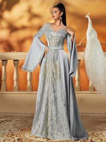 AmazingHoney 优雅银色亮片装饰长袍，喇叭袖设计，奢华迪拜卡夫坦长袍，女士正式阿巴雅，卡夫坦长袍，度假端庄长袍 - 薄荷綠 - 查看 5