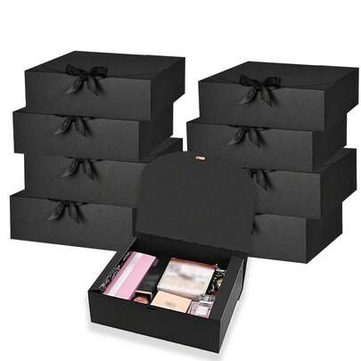 10个带盖黑色礼盒，伴郎邀请礼盒，带丝带的豪华黑色礼盒，适用于婚礼、生日、派对、毕业典礼、情人节、返校季及其他场合。