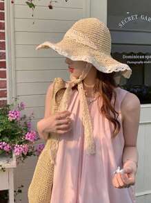 1pc Japanese-Style Summer Beach Hat, Women's Lace Straw Hat, Fresh Protective Sun Hat For Travel & Vacation, Foldable