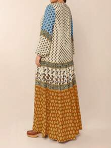 女士复古花卉拼接V领长款连衣裙，波西米亚风，适合秋冬季音乐节