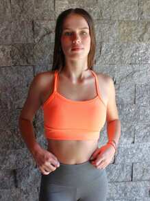 Fitness Strappy Top With Crossover At The Back, Zero Transparency Cropped Top With Removable Pads - Orange - View 1