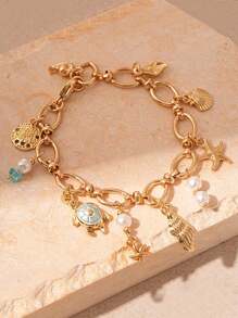 1 件度假海洋风格滴油珍珠贝壳海星手链，时尚个性化手链，适合女孩和青少年，优雅的欧美设计 - 彩色 - 查看 3