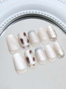 24 Pcs Short Press-On Nails, French Dark Brown Smudgy Cat Eye Summer Nails, Sweet And Fresh DIY Nail Decoration