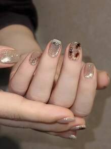 24 Pcs Short Press-On Nails, French Dark Brown Smudgy Cat Eye Summer Nails, Sweet And Fresh DIY Nail Decoration