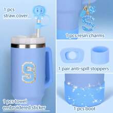 6PCS Cup Accessories, Suitable For 30oz And 40oz Cups With Handles, Including Letter Stickers, Straw Plugs, Silicone Coasters, Silicone Splash-Proof Kit, And Letter Pendants