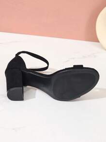 女士简约奢华高跟凉鞋，带扣设计，时尚夏季款式，绒面粗跟鞋 - 黑色 - 查看 6