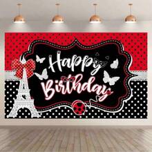 1pc Ladybug Happy Birthday Polyester Photography Backdrop, Red And Black Glitter Eiffel Tower Background, Party Decorations Banner Photo Booths - 1pcs - View 1