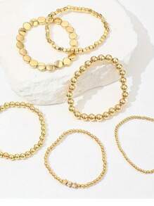 6件套简约串珠手链套装，百搭休闲女式首饰配饰 - 金色 - 查看 3