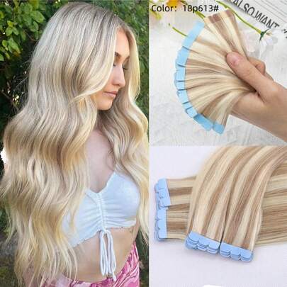 10pcs/Pack Mini Tape-In Hair Extensions, Real Human Hair, Highlighted Blonde, Invisible Skin Weft, Non-Remy, Tape-In Hair Extensions