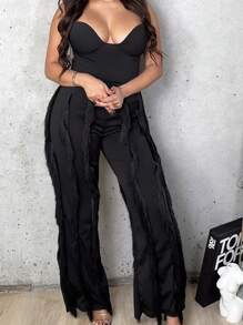 Women 2 Piece Outfits Fringe Tassel Long Pants Set Adjustable Suspenders Bodysuit Strap Clubwear Jumpsuits Solid Color Wave Pattern, V-Neck Suitable For All Seasons, Elegant Backless  Semi Transparent Camisole Straight Leg Pants For Spring And Summer - 黑色 - 查看 3