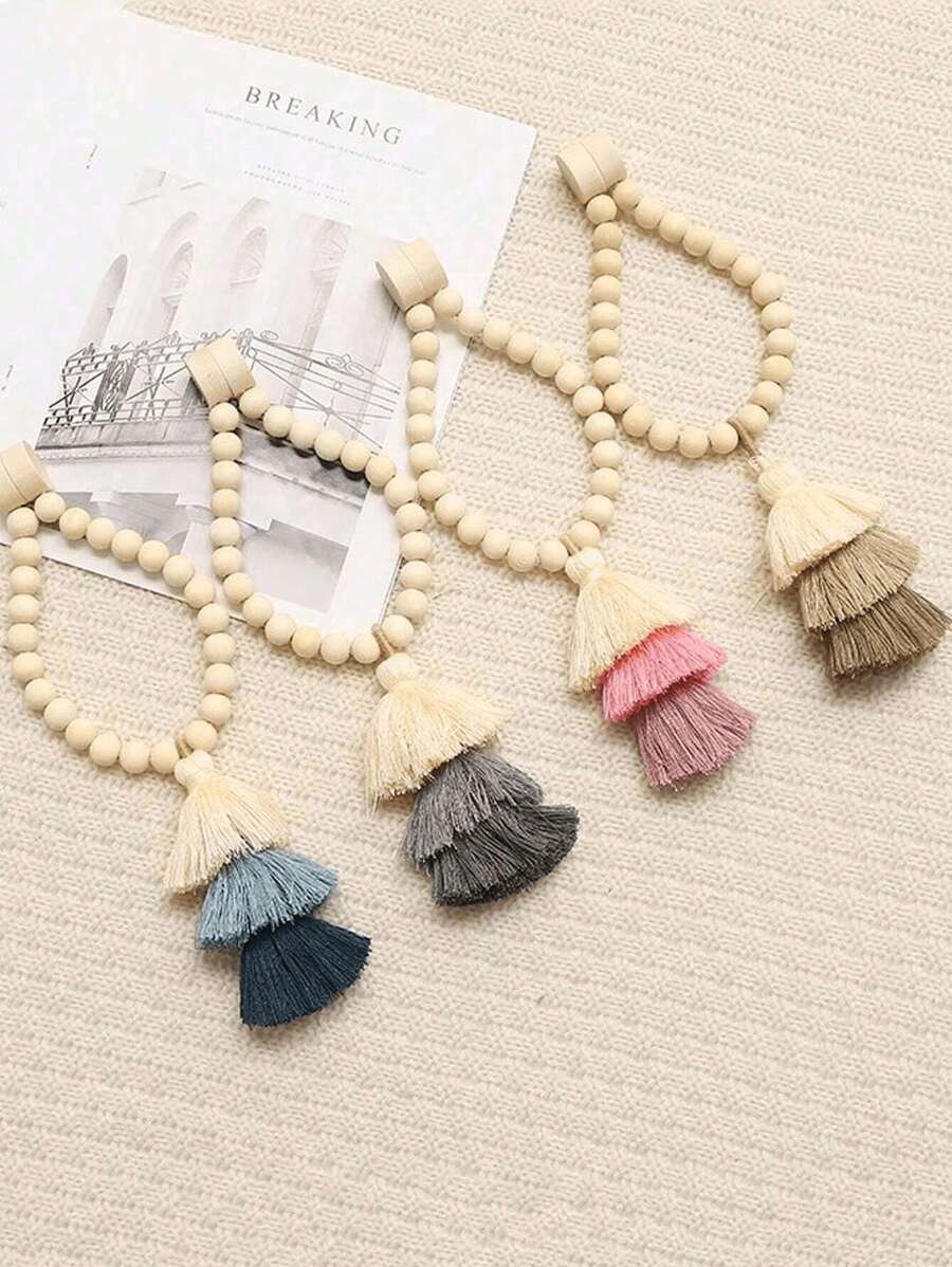 1Pair Wooden Curtain Hook Magnetic Beaded Tassels Tri-Colored, Boho Wooden Curtain Holder With Tassels No Drilling, For Office, Bedroom, Living Room