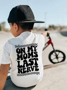 1 pieza Camiseta de manga corta de cuello redondo blanca con estampado en inglés casual para niño, top de verano para niños