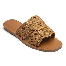 Slide Sandals With Openwork Floral Strap And Contoured Footbed - Camel - View 3