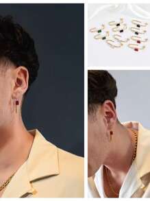 时尚独特方形彩色方晶锆石耳钉、不锈钢水钻耳环、几何锆石耳环、简约时尚不锈钢镀钻石环状耳环 - 彩色 - 查看 3