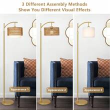 Floor Lamps For Living Room, Arc Standing Lamp With Remote & Dimmable Bulb, Boho Rattan Floor Lamp For Bedroom With 3 Color Temperatures, Farmhouse Tall Lamp, Height Adjustable Stand Up Lamp - 美規A型插(110-127V) - 查看 6