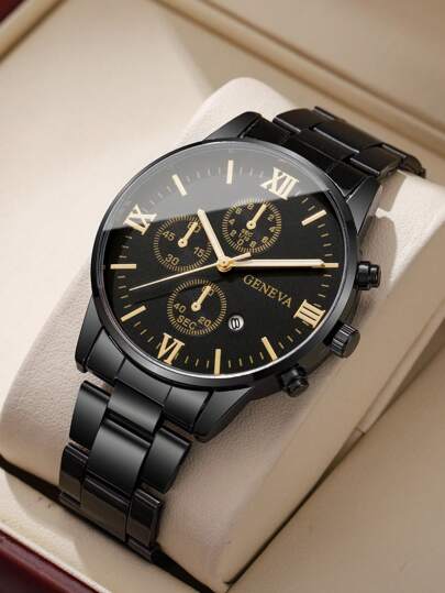 1pc Steel Strap Sophisticated Roman Scale Dial Calender Quartz Wristwatch, Classic (No Horloge Box Included)