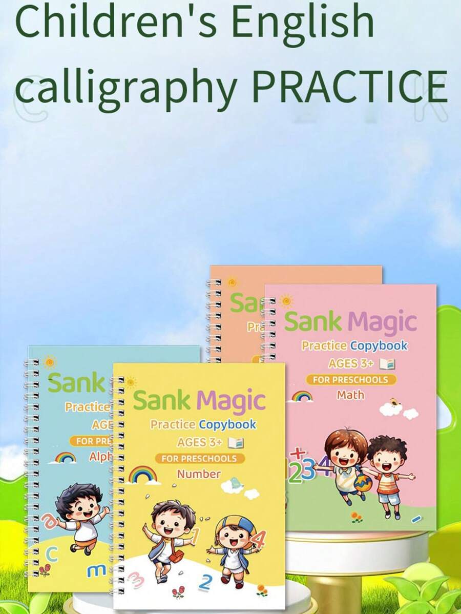 Sank Magic Practice Copybook, (4 Books + 10 REFILL+1 Pen +1 Grip) Number Tracing Book For Preschoolers With Pen, Magic Calligraphy Copybook Set Practical Reusable Writing Tool Simple Hand Lettering - Multicolor - View 1