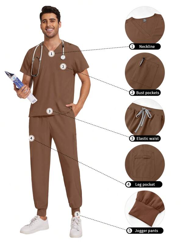 Uniforme de hombre de pijama médico con pechera en V y manga corta + pantalón jogger para dentista, enfermero y personal médico