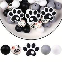 25/30/56 pièces Set de perles en silicone avec motif de patte d'animal et imprimé léopard, kit de fabrication de bijoux DIY pour porte-clés, colliers et accessoires - Ensemble de perles de silicone bricolage colorées - Voir 17