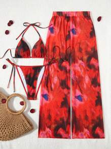 3pcs/Set Summer Tie-Dye Print Halter Backless Swimwear And Allover Print Pants, Casual And Vacation Beachwear For Women