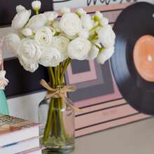 Ranunculus Artificial Flowers With Vase, 8 Pcs Faux Silk Ranunculus Flower In Vase, Small Flower Arrangements For Home Decor Indoor, Table Centerpiece. - White - View 9