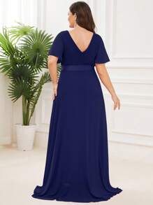 EVERPRETTY Đầm phù dâu màu xanh dương thanh lịch cổ chữ V xếp ly dành cho người có vóc dáng đầy đặn, thích hợp làm đầm dự tiệc cưới, đầm dự tiệc trang trọng. - Xanh đậm - Xem 3