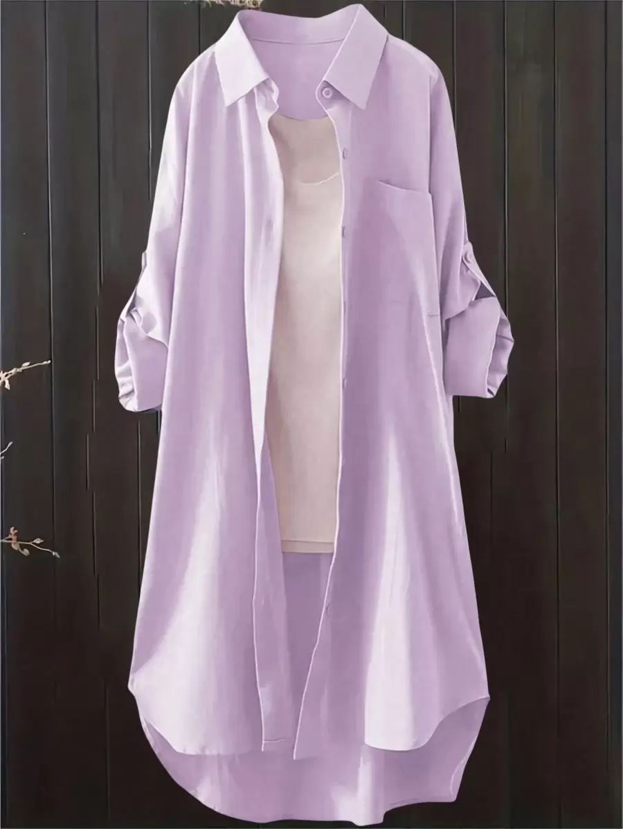 Women's Casual Solid Color Roll-Up Sleeve Shirt, Spring/Autumn - Pink Purple - View 1