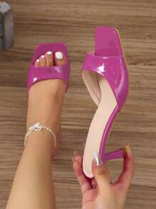 Women's Glossy Patent Leather High Heel Slide Sandals, New Summer Fashion Square Toe Sexy Backless Slip-On Slippers, Minimalist Casual Beach Party Wear, Rose Red