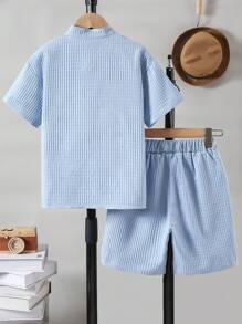 Boys Stylish Plaid Short Collar Shirt Set (Suitable For All Seasons) - Baby Blue - View 2