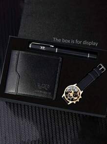 1pc Men Casual Watches Luxury Romantic Senior Business Casual For Men Calendar Pointer Button Battery Pu Leather Quartz Watch+1pc Ballpoint Pens +1pc Men Wallet School Graduation Birthday Valentine's Day Father's Day Thanksgiving Romantic Gifts For Him