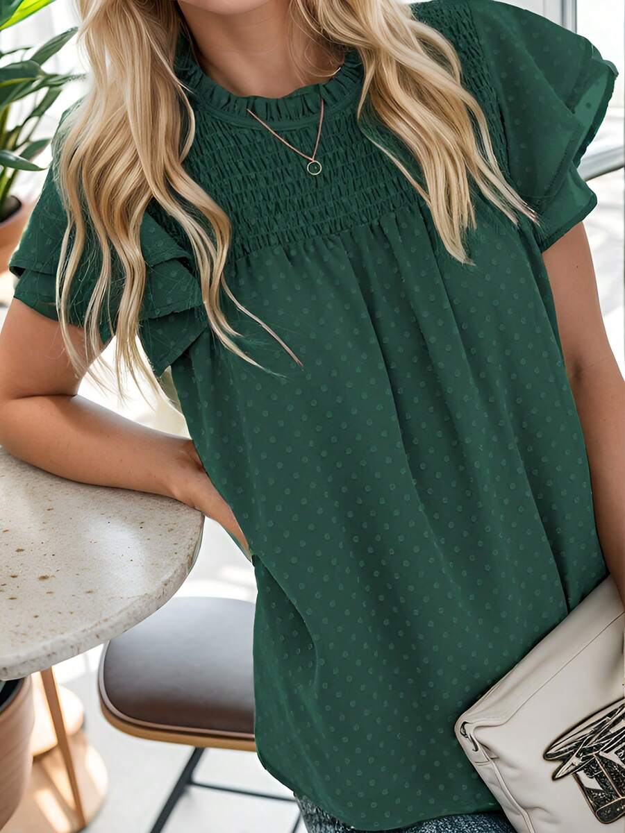 SANOPY Womens Blouses,Blouses For Women Dressy Casual,Going Out Tops For Women,Women's Crew Neck Lace Crochet Pom Pom Flowy Short Sleeve Casual Shirt Top - 綠色 - 查看 1