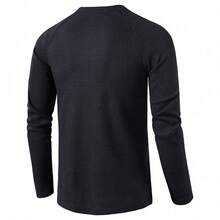 Camisas de los hombres casual suelta de manga larga camiseta tops de los hombres de color sólido waffle camiseta de manga larga camisa de fondo de Primavera y otoño Invierno - Negro - Ver 2