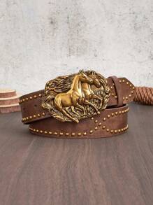 1 条女式棕色动物复古 PU 皮带，百搭配饰，适合牛仔裤、连衣裙、日常穿着 - 棕色 - 查看 1