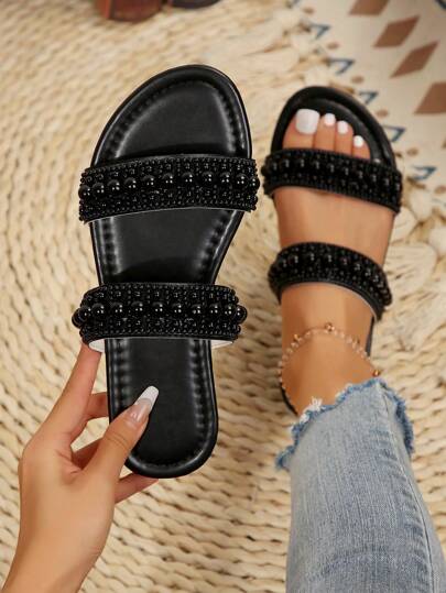 Damen Große Größen Schwarz Pantoletten mit Perlenverzierung, luxuriöse Perlengradient-Design Runde Zehe Flache Sandalen, Neu Frühling/Sommer Urlaub Lässig Mode für alle Größen (36-44)