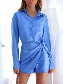 Women's Set: Formal Shirt And Shorts Skirt With Elegant Bow - 藍色 - 查看 4